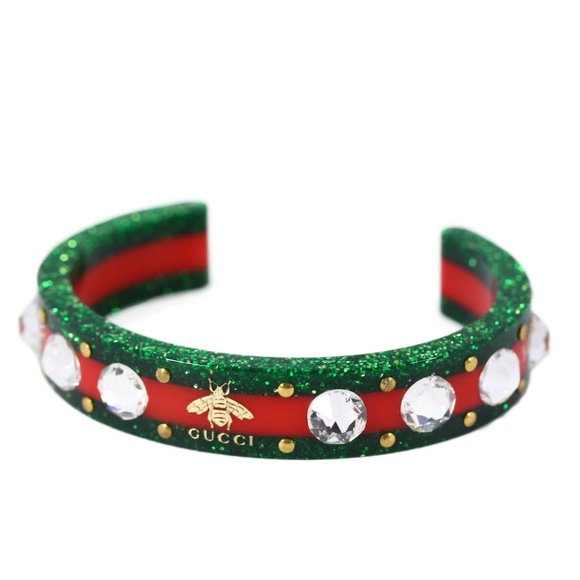 Gucci Open Stripe Cuff with Crystal Bee Red Green - Picture 2 of 16